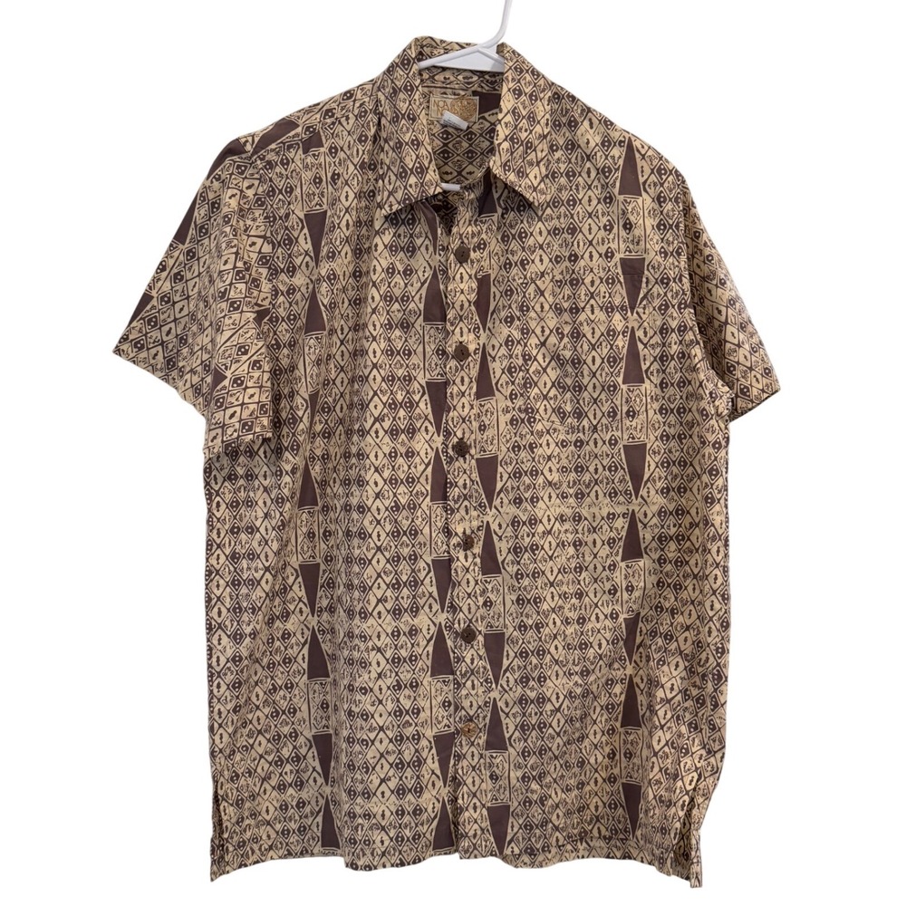 Noa Noa Mens Brown Geometric Batik Cotton Button Down Shirt Large Handmade